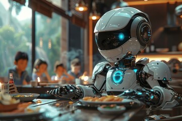Artificial intelligence robot sits at the table and eats