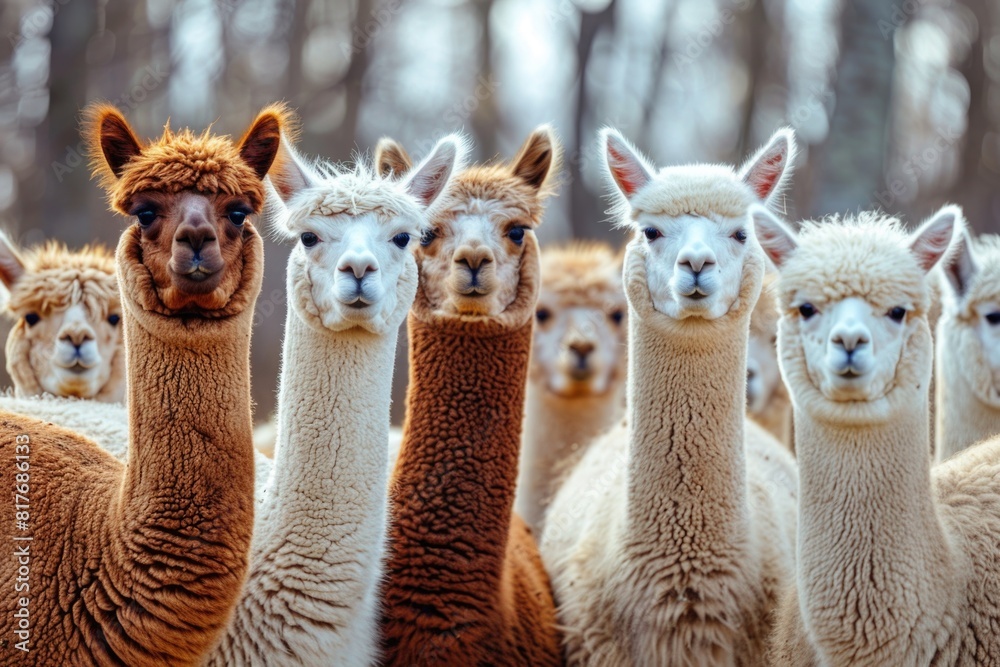 Poster a herd of llamas standing together, suitable for various design projects