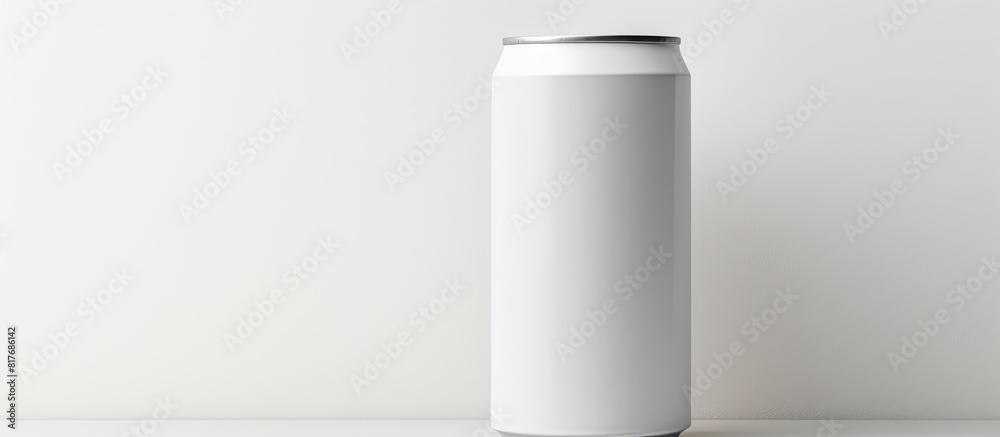 Poster closeup of a white can of energy drink on a light grey background with ample space for text
