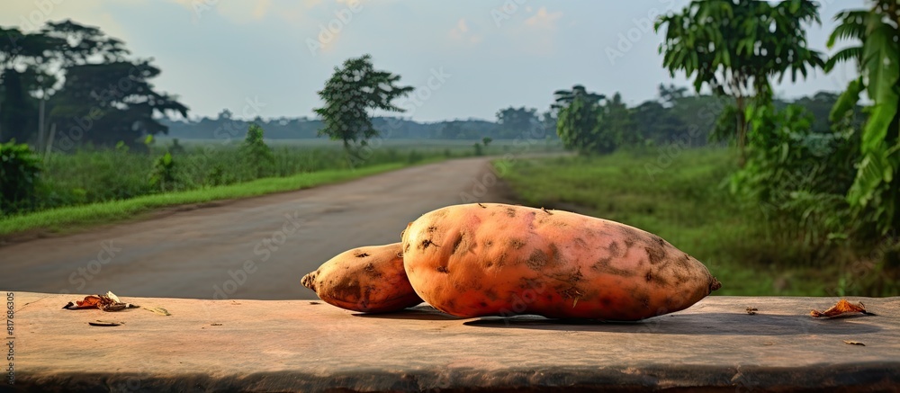 Poster a copy space image of a sweet potato is displayed on a table for sale by the roadside