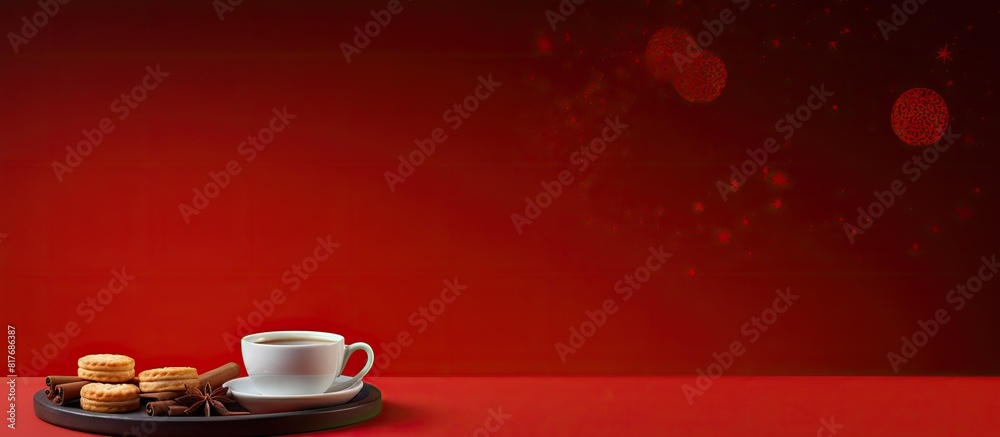 Poster copy space image of moon cake and tea on a vibrant red background