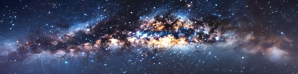 Fototapeta premium Panoramic astrophotography of visible Milky Way galaxy. Stars, nebula and stardust at night sky