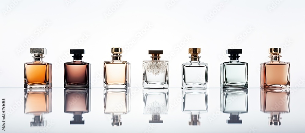 Poster Premium collection of perfume bottles showcased on a white background with a reflective surface creating a copy space image