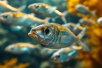 Obraz premium Herring fish in a school, representing vital components of marine ecosystems. 