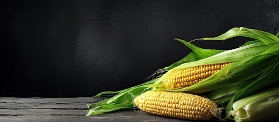 A photo of organic sweet corn on a kitchen table with a dark gray textured background providing ample copy space