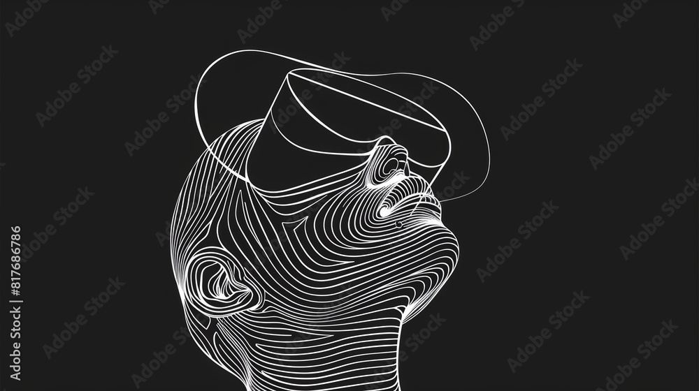 Poster vr headset in captivating white one-line minimal modern drawings, wireframe style