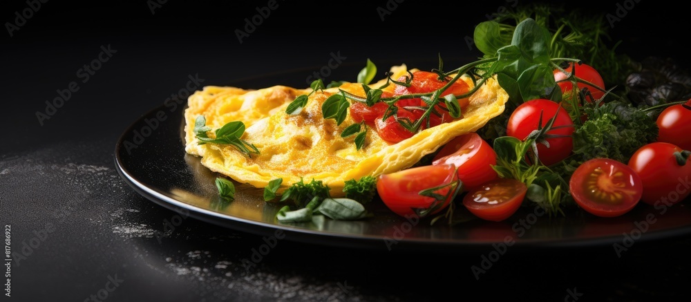 Poster a healthy vegan breakfast featuring an omelette prepared with tomatoes and greens is shown in a copy