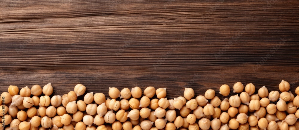 Poster A top view of raw chickpeas arranged on a wooden background captured in a copy space image with empty space for text