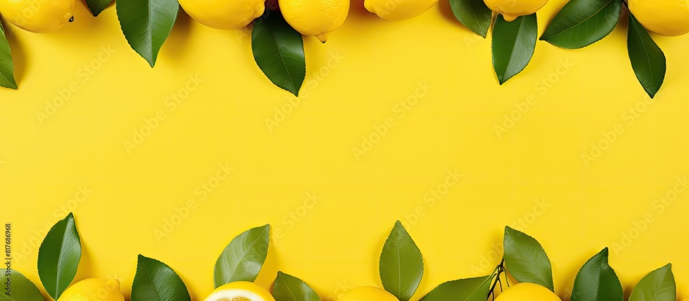 Poster flat lay copy space image of fresh lemons and leaves arranged on a vibrant yellow background providi