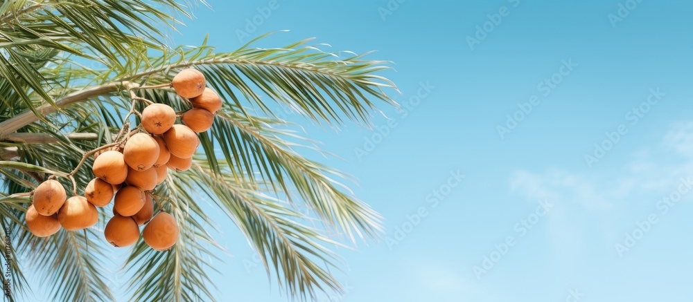 Poster a summer themed mockup featuring a date palm against a clear blue sky with copy space available for 