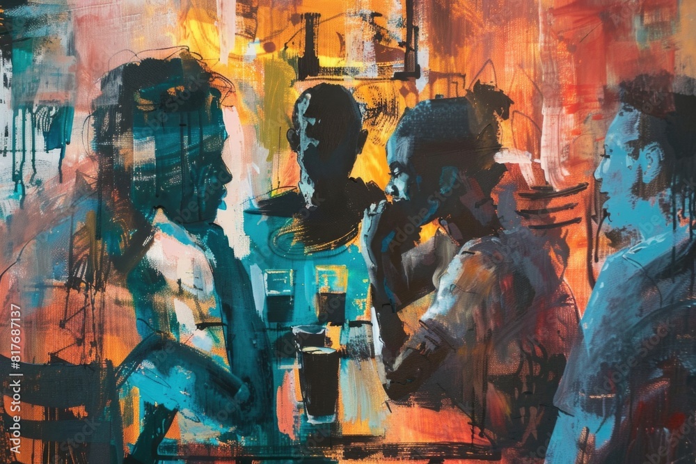 Poster a painting of a group of people sitting at a table. suitable for various business or social concepts