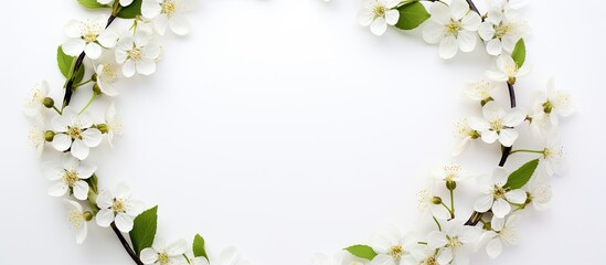 A square photo featuring a circle of white apple flowers on a white wooden backdrop The image provides a copy space for text