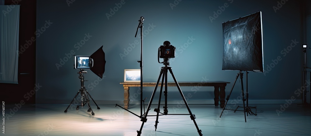 Poster in a contemporary photo studio a tripod mounted professional camera captures images with a copy spac