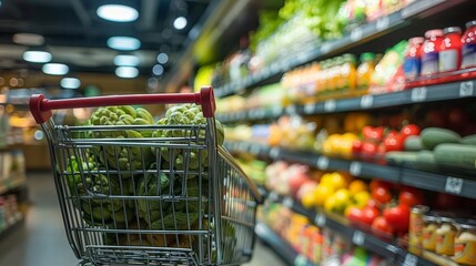 Dynamic view of a shopping cart in a modern grocery store, symbolizing the efficiency and convenience of todays retail experience