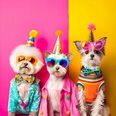 Creative animal concept. Group of cat in funky Wacky wild mismatch colourful outfits isolated on bright background 