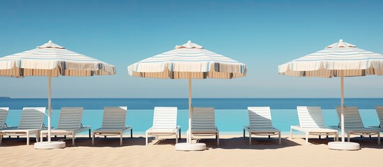 Fototapeta premium Copy space image Beach umbrellas provide shade for sun loungers near a pool area