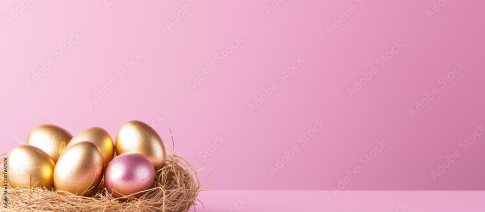 Aufkleber A nest of golden Easter eggs sits atop a pink background creating a minimal Easter concept that offers copy space for text