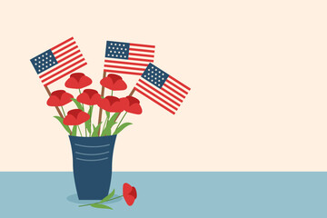 Memorial day and Independence day concept. Flag day concept. Vase with flags and red poppies. Vector flat illustration. 