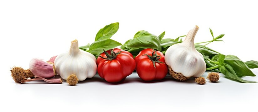 A copy space image featuring vibrant basil fresh garlic ripe tomatoes and spicy chili pepper set against a pristine white background
