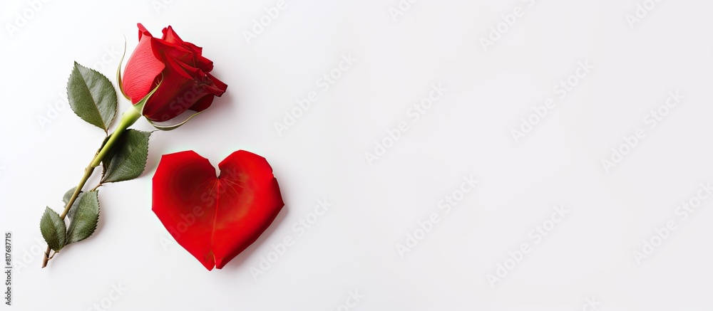 Fototapete A red rose and heart are displayed together on a white background creating a perfect copy space image for Valentine s Day
