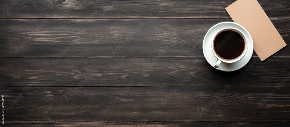 Poster Flat lay with a black wooden background featuring blank paper sheets for brochures accompanied by a cup of coffee The image is a mock up. Creative banner. Copyspace image