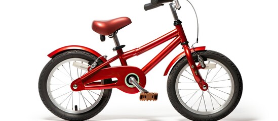 Fototapeta premium A red child s bicycle is seen on a white background with a copy space image and a clipping path included