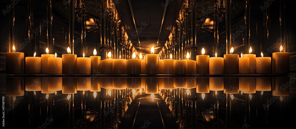 Poster A mesmerizing image of burning candles in the dark their mesmerizing glow reflected in a mirror creating a captivating copy space image