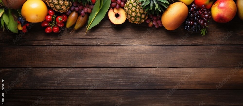 Aufkleber Copy space image featuring a wooden table adorned with palm oil and a variety of fresh fruits creating a tasteful flat lay composition