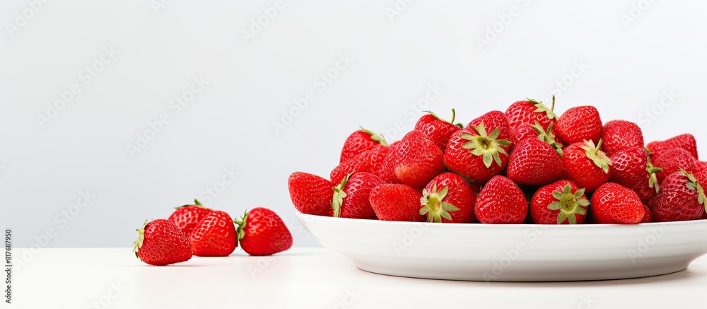 Poster a white plate showcases vibrant red strawberries on a backdrop of white with ample copy space for cu