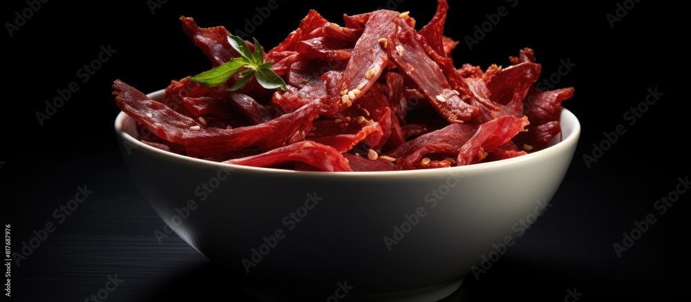 Poster a white bowl contains jerky meat allowing for copy space in the image
