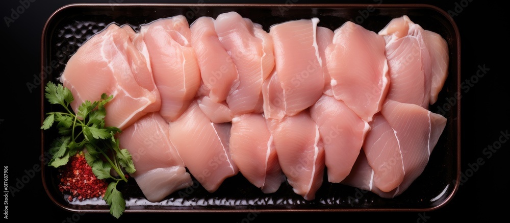 Poster Top view of diced raw chicken breast fillets arranged on a plate with a black background providing ample copy space for the image