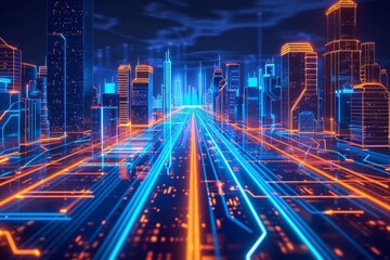 Illuminated digital urban landscape, blue and orange neon lines depicting a bustling metropolis, perfect for concepts in digital transformation