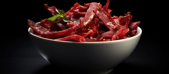 A white bowl contains jerky meat allowing for copy space in the image