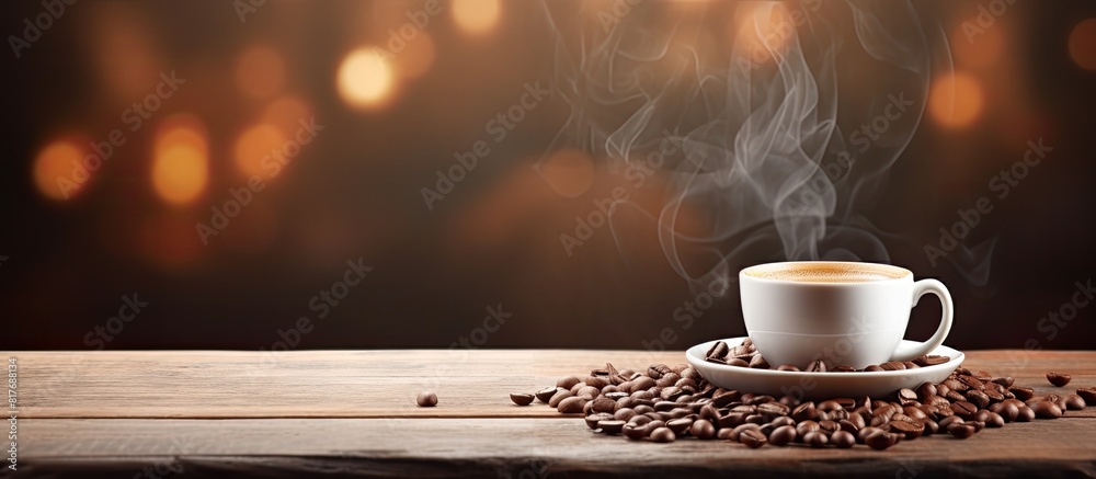 Aufkleber In a cozy cafe setting a wooden table showcases a coffee cup surrounded by aromatic coffee beans creating a captivating copy space image