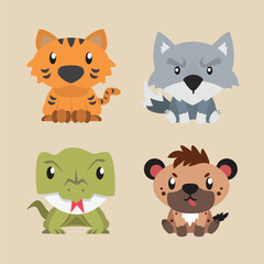 Cute illustrations Wild Animals Lion, Fox, Crocodile, and snake