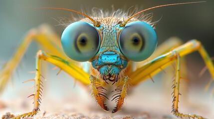 Close-up of a colorful damselfly with striking blue eyes and detailed facial features, set against a soft blurred background. - Powered by Adobe