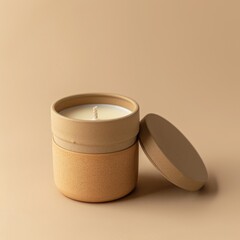 Elegant Beige Candle Mockup with Cylindrical Box for Spa and Relaxation Copyspace