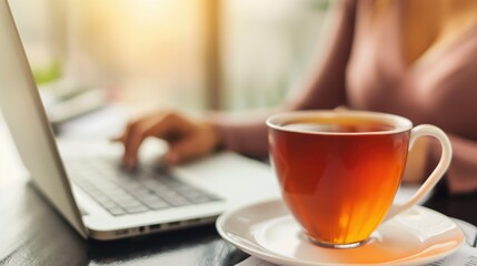 Blonde woman working at her laptop on the desk in sunlit interior with a cup of hot tea drink