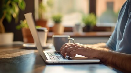 Fototapeta premium Man working standing at her laptop on the table in sunlit kitchen interior with a cup of hot tea drink