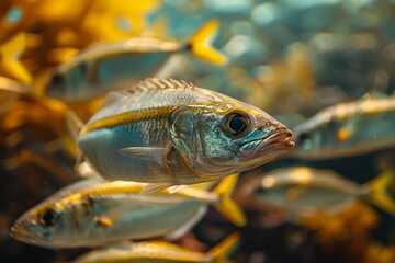 Herring fish in a school, representing vital components of marine ecosystems. 