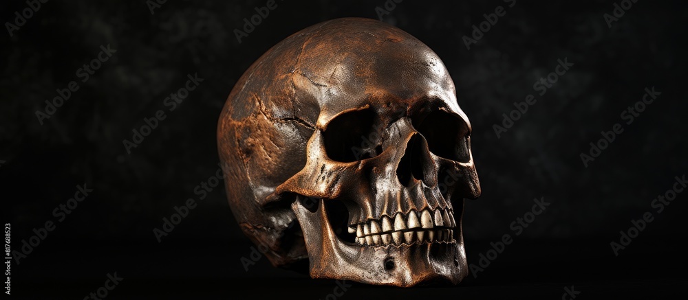 Poster A spooky Halloween skull is depicted against a dark background with plenty of empty space surrounding it in the image. Creative banner. Copyspace image