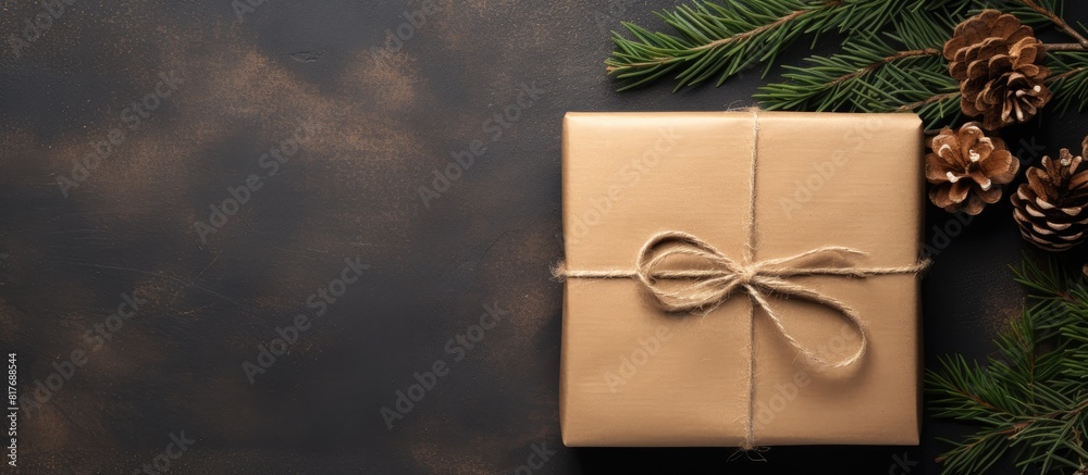 Poster Gift packaging with kraft paper jute cord and pine twigs arranged in a top view flat lay creating a visually pleasing copy space image