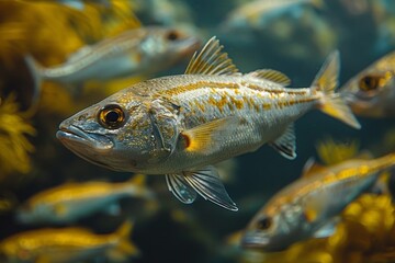 Herring fish in a school, representing vital components of marine ecosystems. 