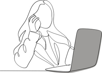 Linear drawing of a business woman with a laptop .Business woman talking on the phone. 