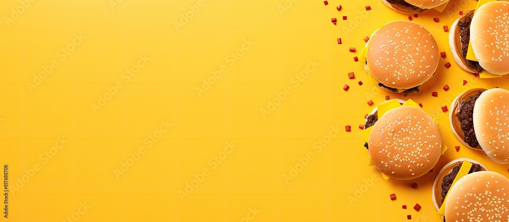 Poster A top view of burgers on a yellow background with plenty of copy space available for additional images or text