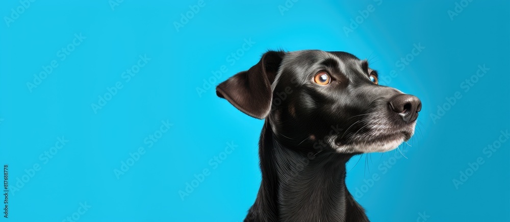 Poster a dog portrait on a plain blue backdrop providing ample copy space for other elements in the image