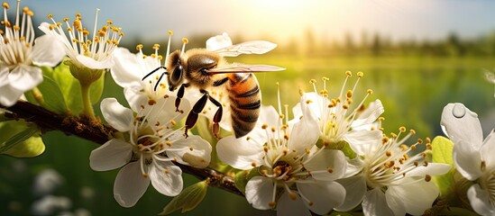 Closeup of a bee collecting nectar and honey from flowers with copy space image