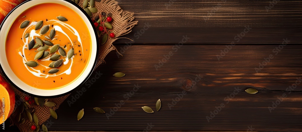 Poster A top view of pumpkin and carrot soup with cream and pumpkin seeds on a wooden background featuring copy space in the image