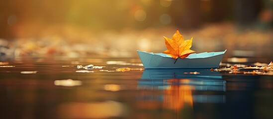 A small paper boat with an autumn leaf floats gracefully on a serene pond capturing the beauty of the changing seasons Copy space image - Powered by Adobe