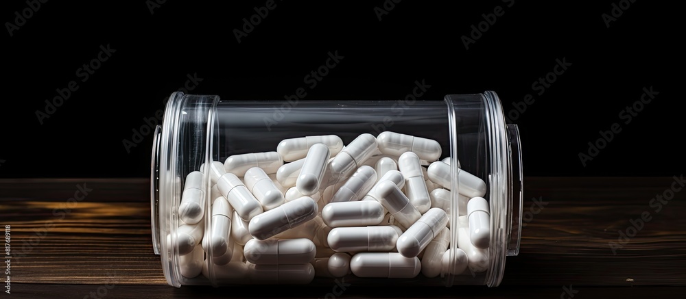 Poster a copy space image featuring white medical tablets stored in plastic containers on a wooden table ag